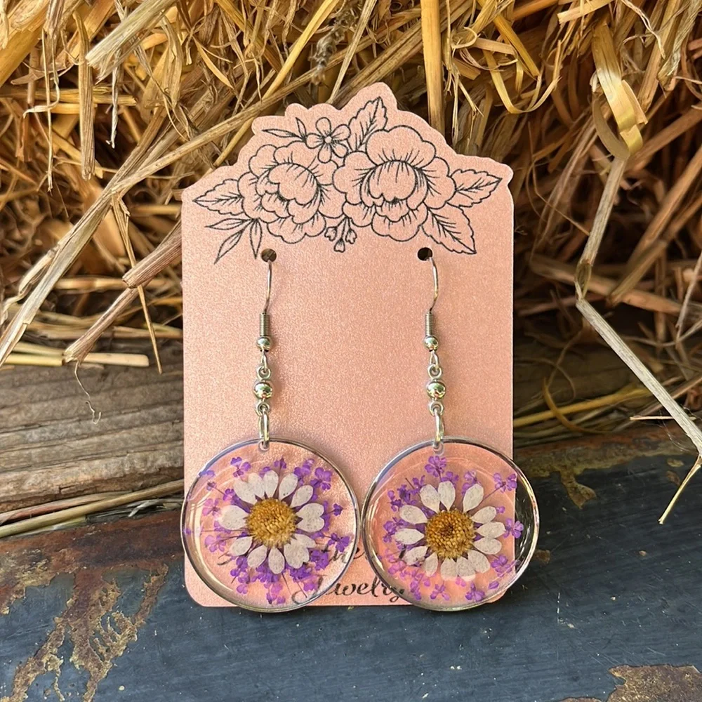 New Handmade Dried and Pressed Flower Resin Disk Earrings - Picture 17 of 17